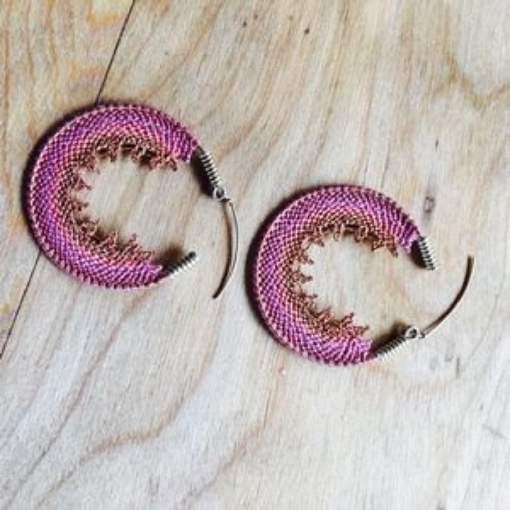 Macrame Hoop Earrings Gold, Pink, Purple - 2"